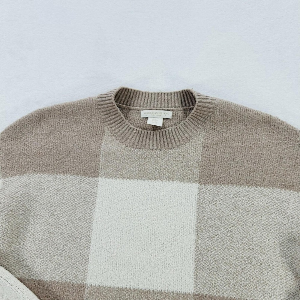 Christian Siriano Sweater Womens Medium Beige Plaid Crewneck Knit Pullover Soft - Picture 10 of 16